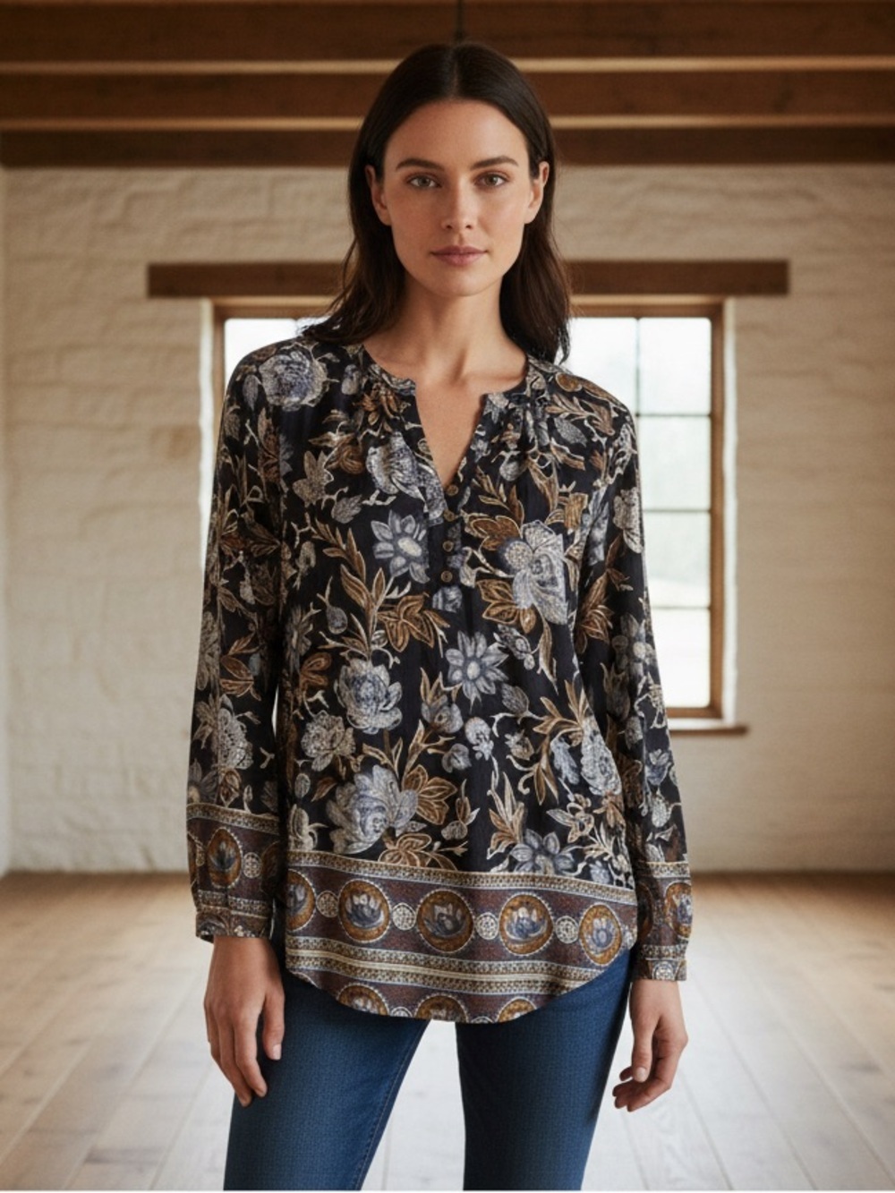 Lucky Brand Vintage Inspired Floral Flowing Blouse With Beautiful Detail & Color